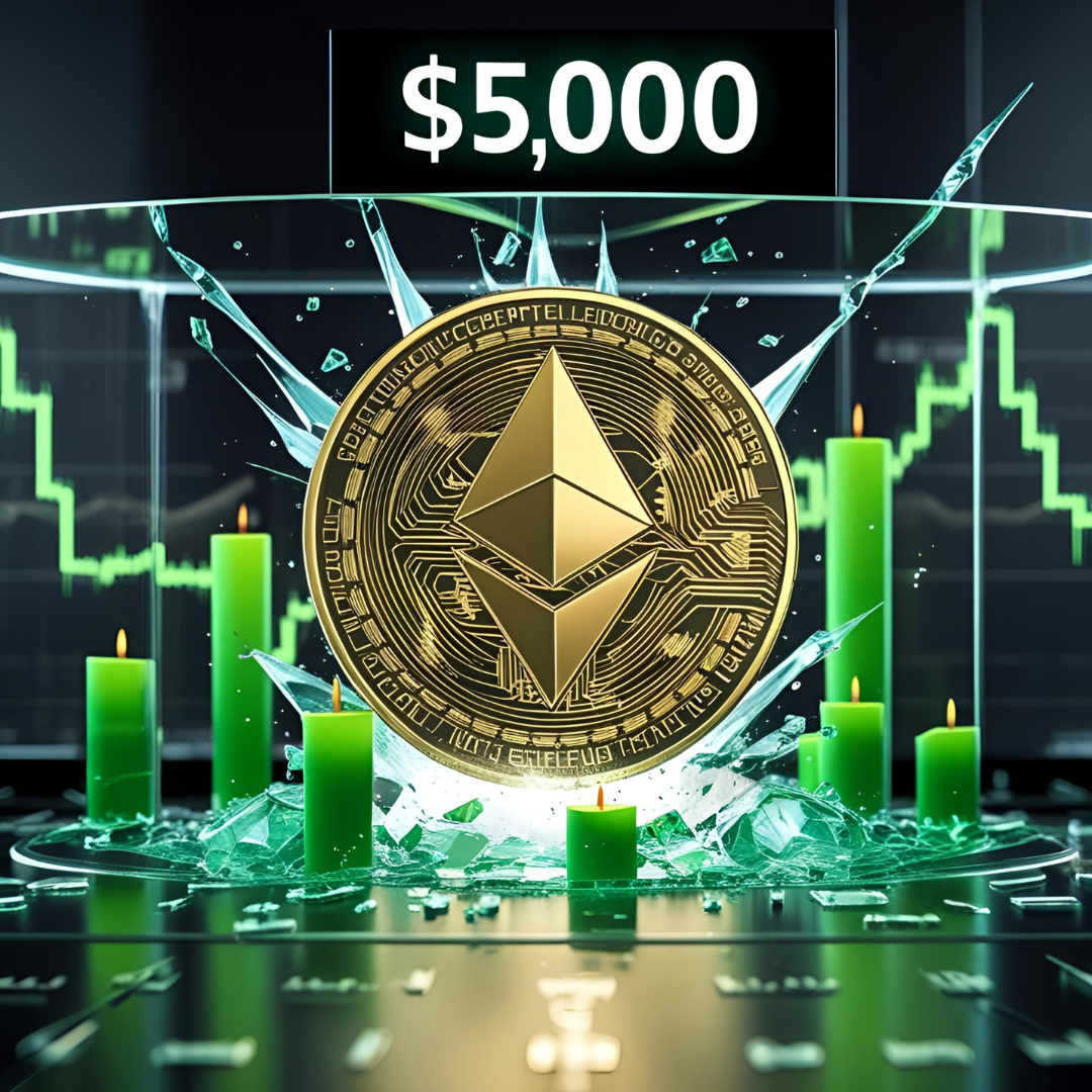 Ethereum coin breaking through a glass ceiling with bullish candlestick chart heading toward $5,000